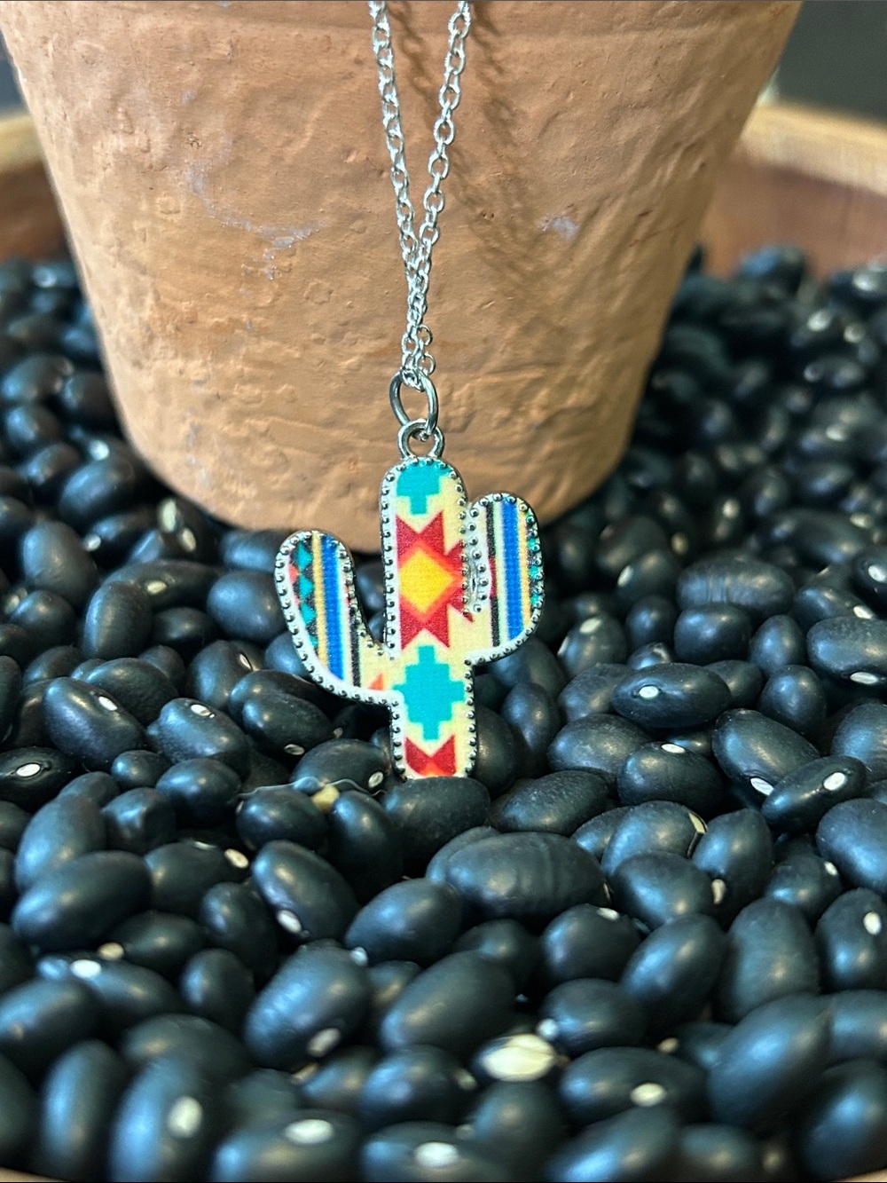 Southwestern Cactus Pendant Necklace with Multicolored Motif
